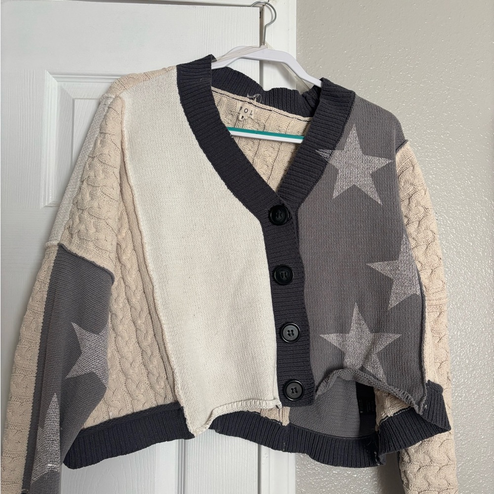 POL Cream and Gray Star Cardigan